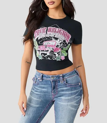Playera cuello redondo manga corta con estampado Mujer