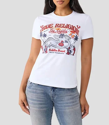 Playera cuello redondo manga corta con estampado Mujer