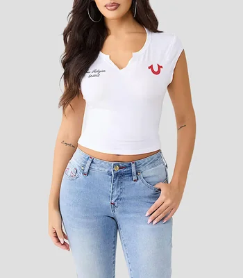 Playera cuello redondo, manga corta con estampado Mujer