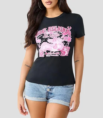 Playera cuello redondo manga corta con estampado Mujer