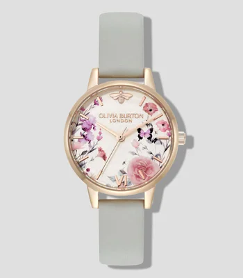 Reloj Illustrated Flora Oro Rosa de Piel Gris Olivia Burton Mujer