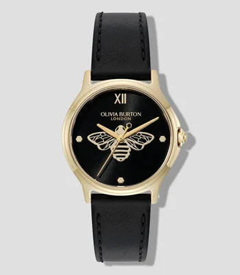 Reloj Classic Bee Esfera Negra de Piel Olivia Burton Mujer
