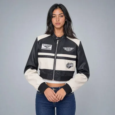 Chamarra Crop de Moto con Parches Negro Para Mujer Quarry