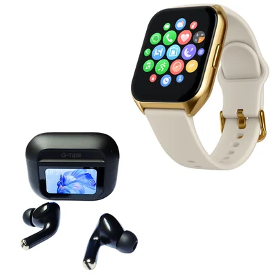 Smartwatch Filwans Gts Mini (dorado) + Audífonos Con Pantalla Táctil / Bluetooth G-tide Future Pod (negros)