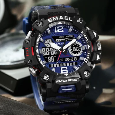 Reloj pulsera digital camuflaje azul cronómetro pantalla Dual resistente agua deportivo militar