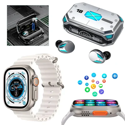 Reloj inteligente Smartwatch Ultra Monitor De Salud Mas Audífonos Bluetooth Tws Hd Reducción Ruido Diseño Galactico.