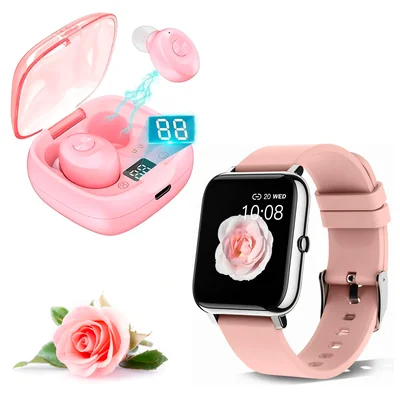 Reloj Deportivo Inteligente Bluetooth Mas Audífonos Inalámbricos Impermeables Color Rosa Smartwatch .