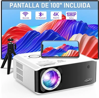 XuanPad Proyector, 5G WiFi Proyector Bluetooth, Nativo 1080P Proyector 4K Soporte, Corrección Trapezoidal 6D/4P,