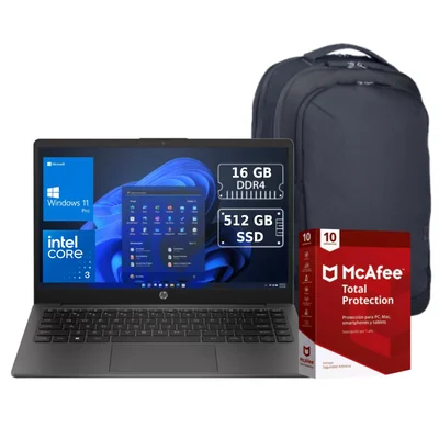 Laptop HP 240R G10 | 14" HD | Intel Core 3 100U 14ª Gen | 16 RAM | 512GB SSD | Windows 11 PRO Incluye Mochila Antivirus